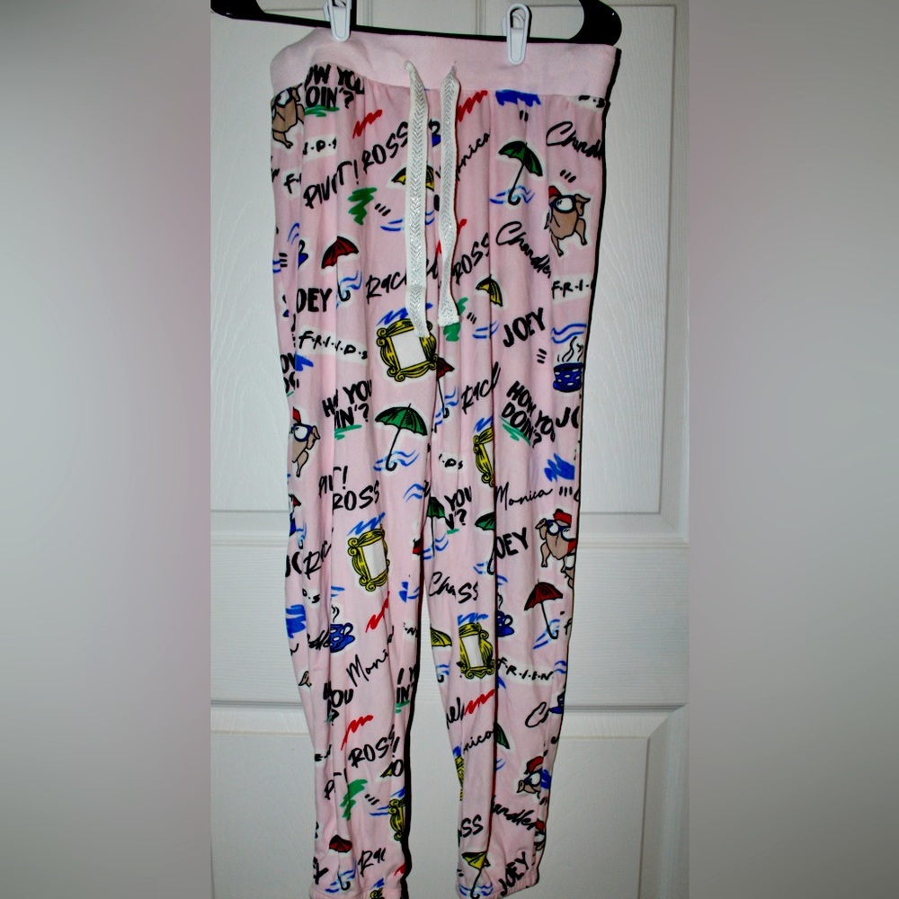 Ross Rachel Friends Girls Lounge Pants Pink Coffee Umbrella Drawstring M 8-10